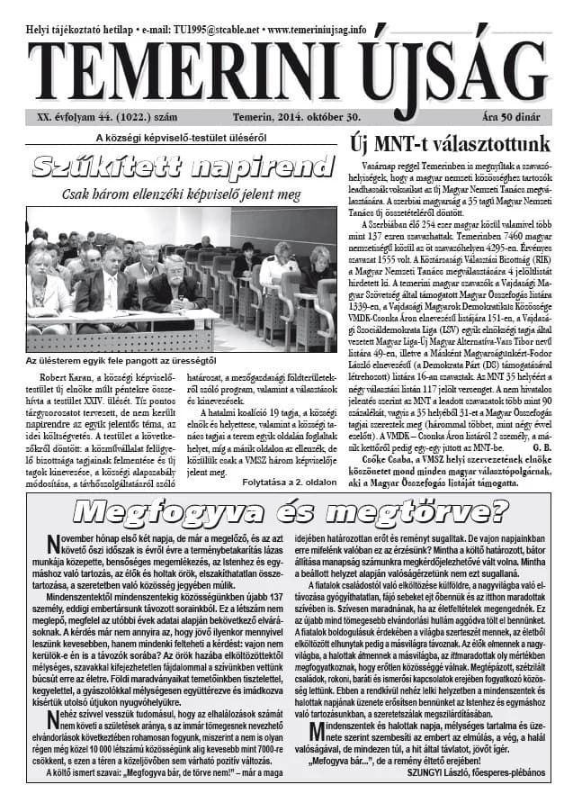 Temerini Újság, 20. évf. 2014. október 30. 44. sz.