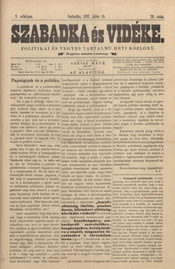 Szabadka és vidéke II, 5. évf. 1897. július 18. 29. sz.