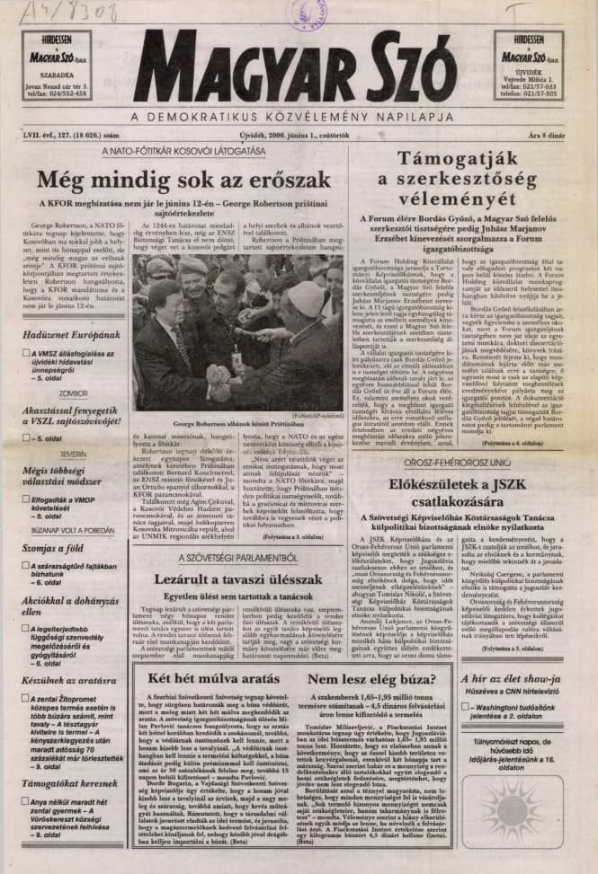 Magyar Szó, 57. évf. 2000. június 1. 127. sz. 1–16. oldal