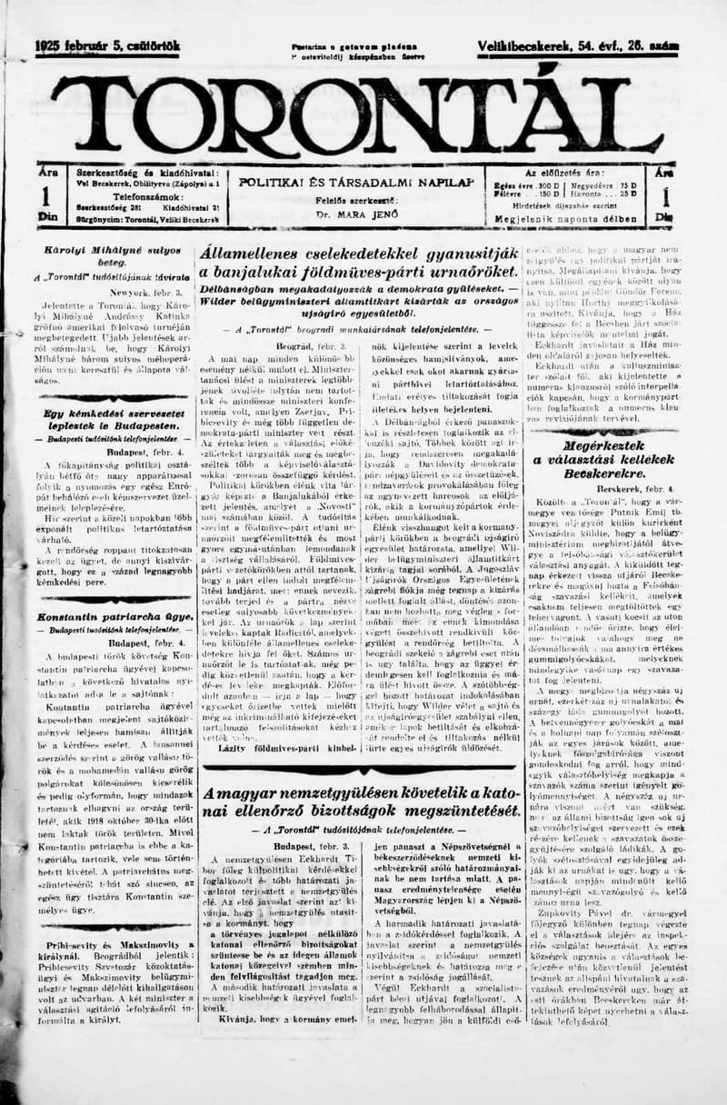 Torontál, 54. évf. 1925. február 5. 26. sz.