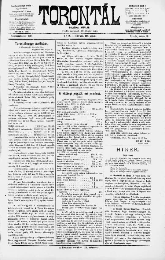 Torontál, 29. évf. 1900. május 16. 113. sz.