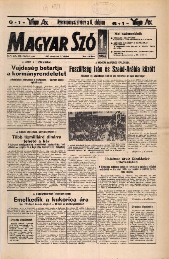 Magyar Szó, 44. évf. 1987. augusztus 7. 215. sz. 1–20. oldal