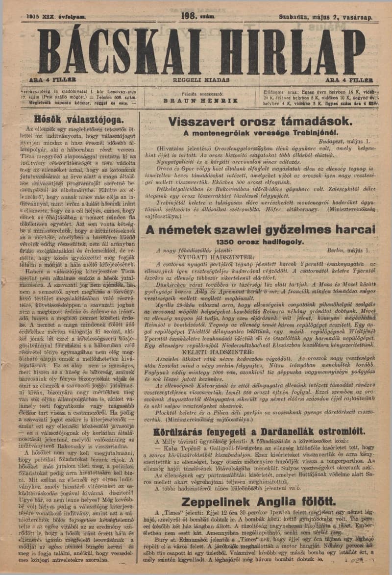 Bácskai Hirlap, 19. évf. 1915. május 2. 198. sz.