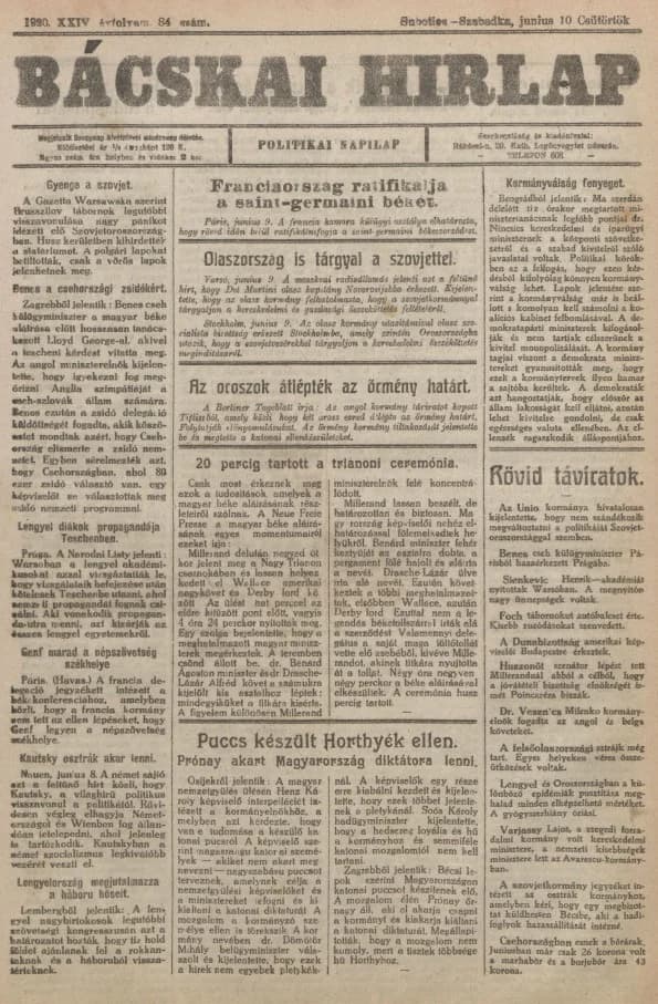 Bácskai Hirlap, 24. évf. 1920. június 10. 84. sz.