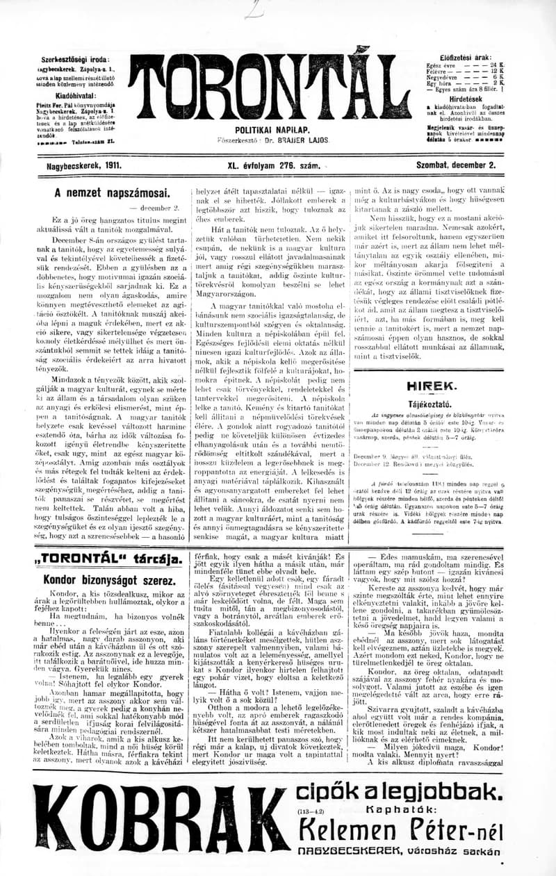 Torontál, 40. évf. 1911. december 2. 276. sz.
