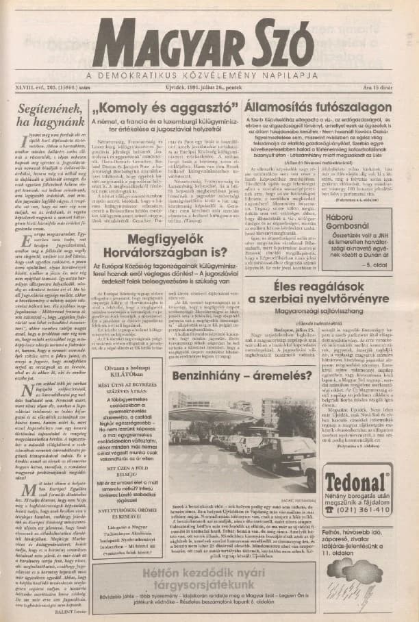Magyar Szó, 48. évf. 1991. július 26. 203. sz. 1–20. oldal