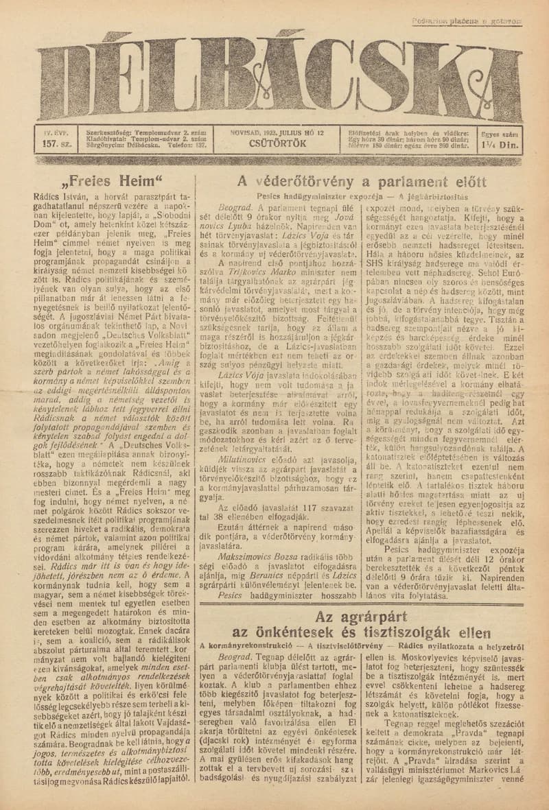 Délbácska, 4. évf. 1923. július 12. 157. sz.