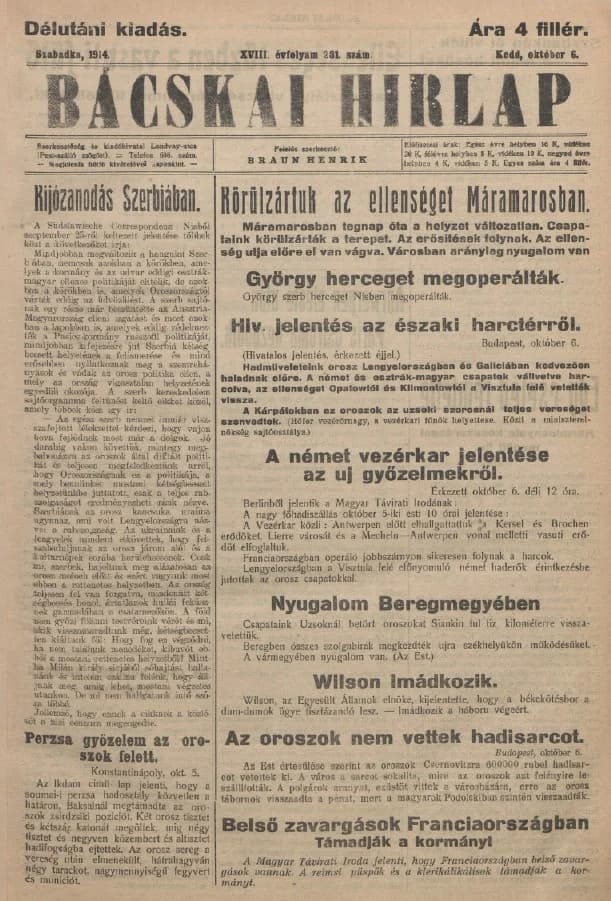 Bácskai Hirlap, 18. évf. 1914. október 6. 231. sz.