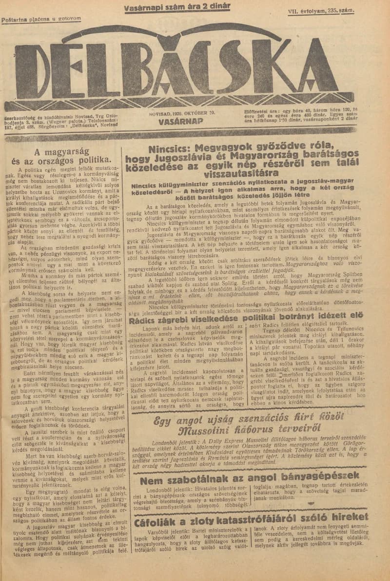 Délbácska, 7. évf. 1926. október 10. 235. sz.