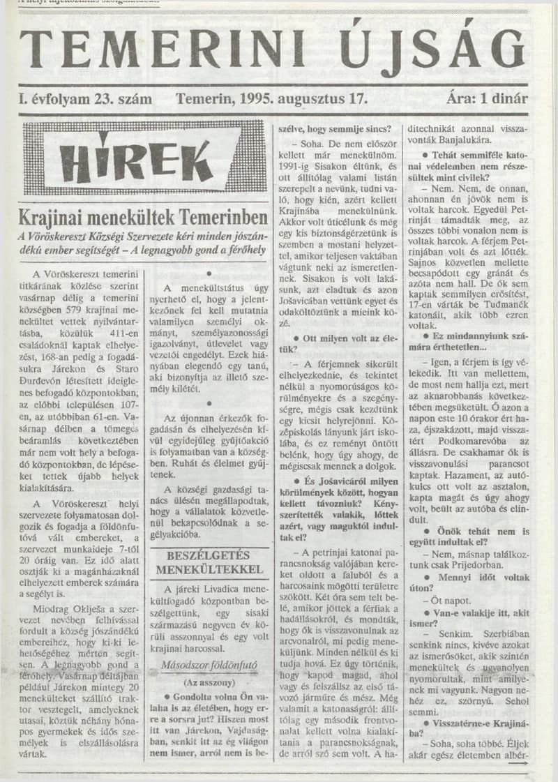 Temerini Újság, 1. évf. 1995. augusztus 17. 23. sz.