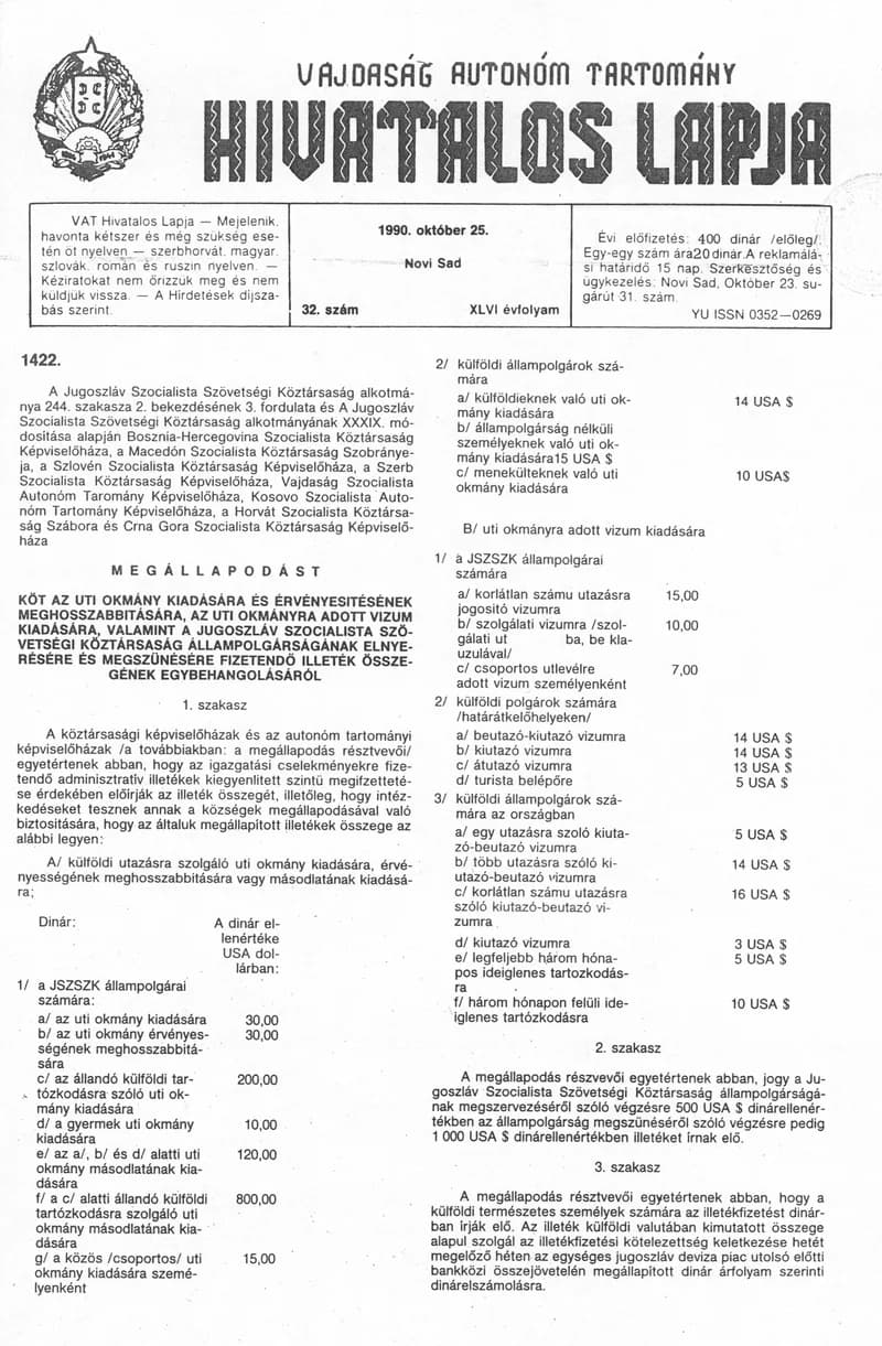 Vajdaság Szocialista Autonóm Tartomány Hivatalos Lapja, 46. évf. 1990. október 25. 32. sz.