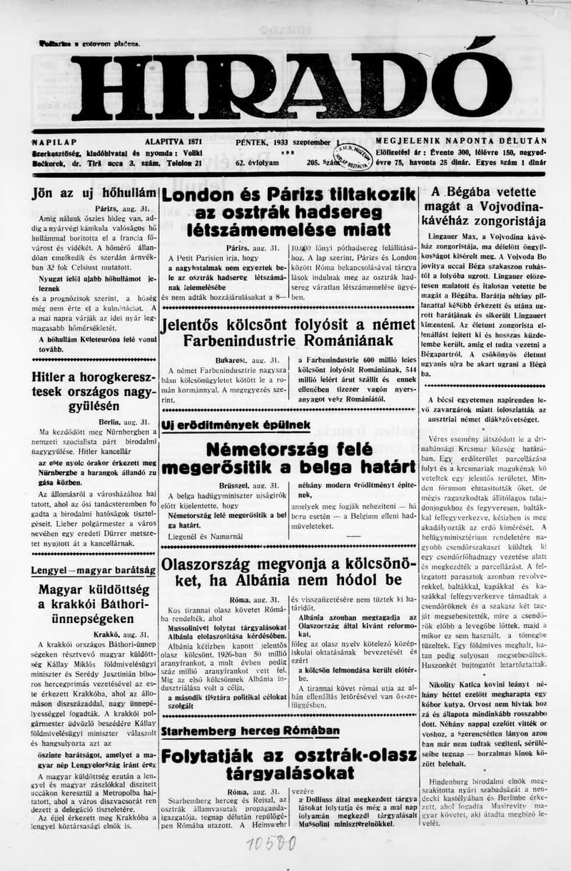 Híradó, 62. évf. 1933. szeptember 1. 205. sz.