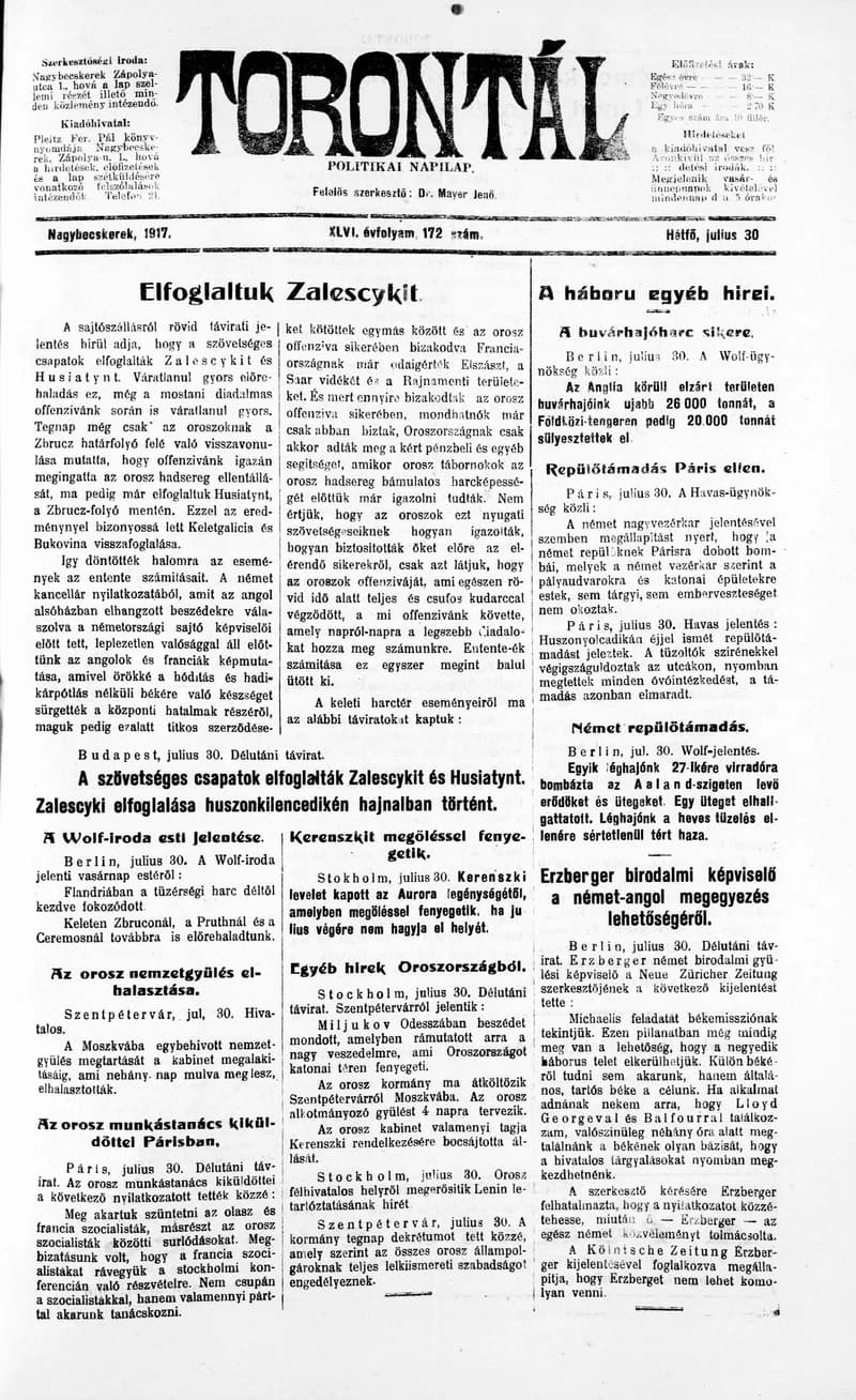 Torontál, 46. évf. 1917. július 30. 172. sz.