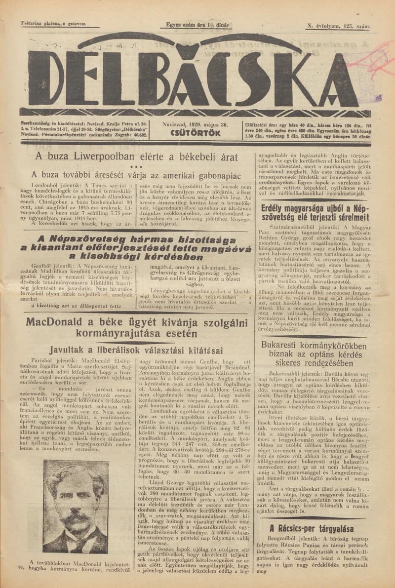 Délbácska, 10. évf. 1929. május 30. 125. sz.