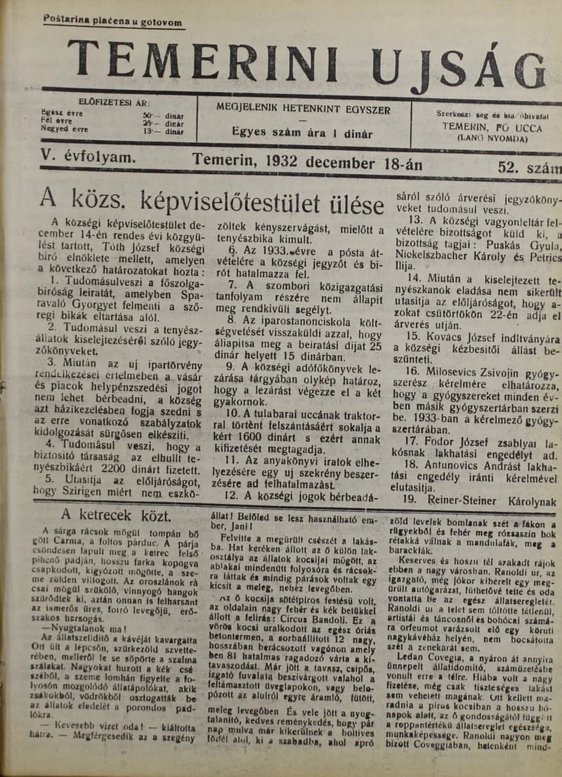 Temerini Újság 1928-1944, 5. évf. 1932. december 18. 52. sz.