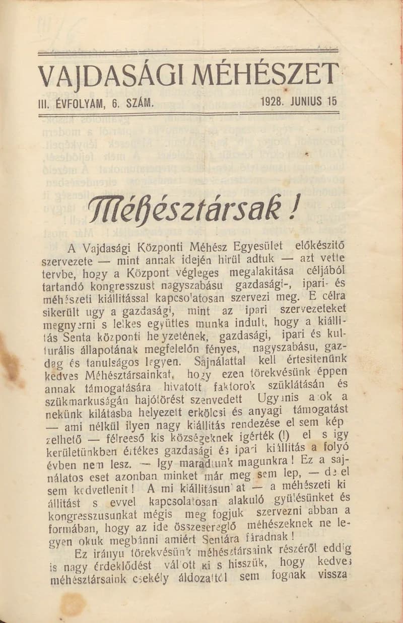 Vajdasági méhészet, 3. évf. 1928. június 15. 6. sz.