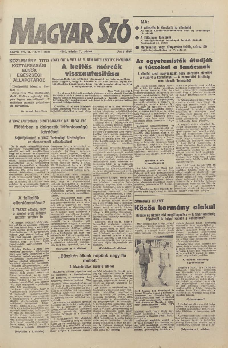Magyar Szó, 37. évf. 1980. március 7. 65. sz. 1–20. oldal