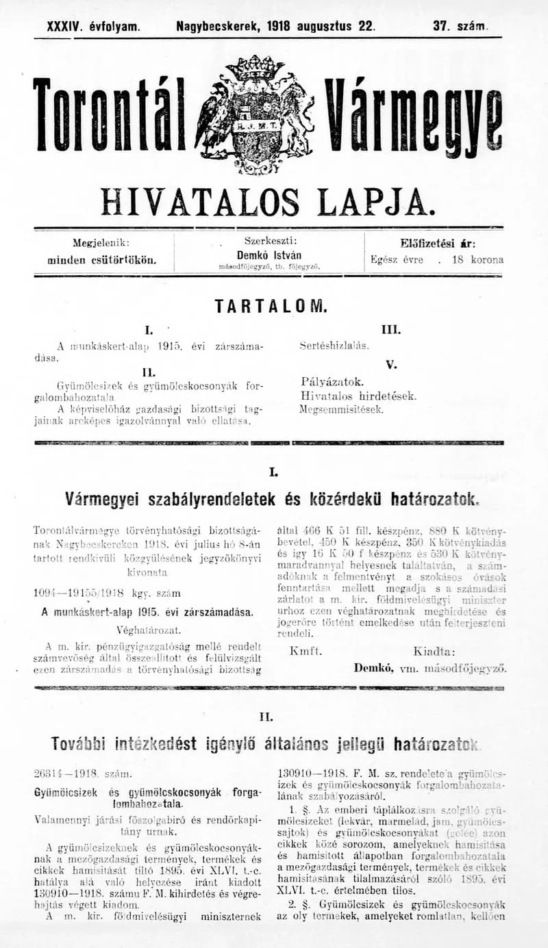 Torontál Vármegye Hivatalos Lapja, 34. évf. 1918. augusztus 22. 37. sz.