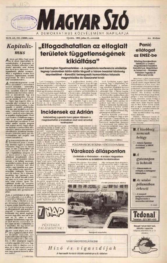 Magyar Szó, 49. évf. 1992. július 16. 193. sz. 1–16. oldal