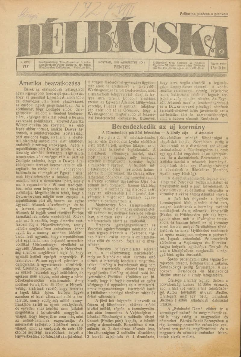 Délbácska, 5. évf. 1924. augusztus 1. 177. sz.
