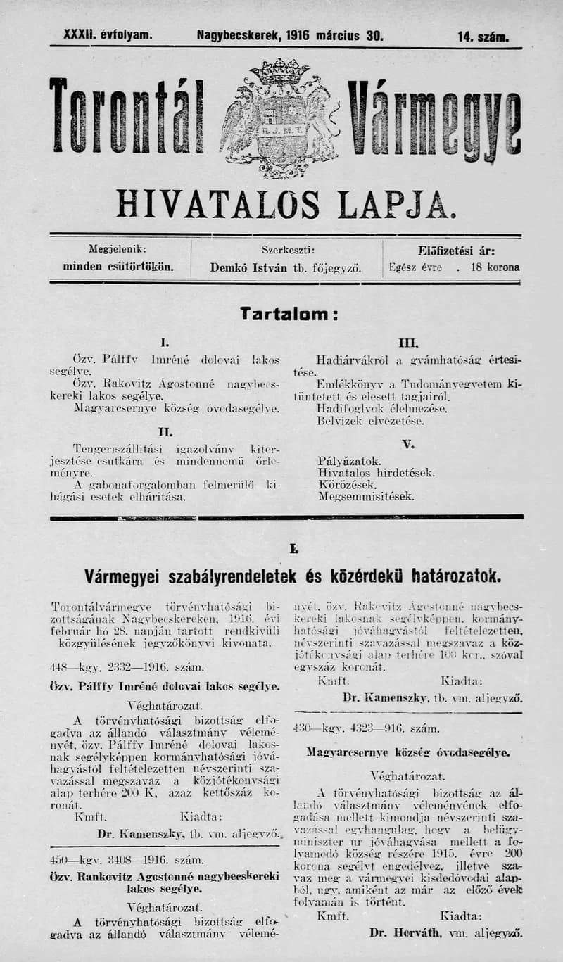 Torontál Vármegye Hivatalos Lapja, 32. évf. 1916. március 30. 14. sz.
