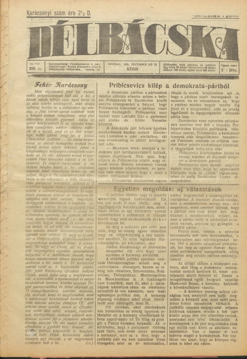 Délbácska, 4. évf. 1923. december 25. 295. sz.