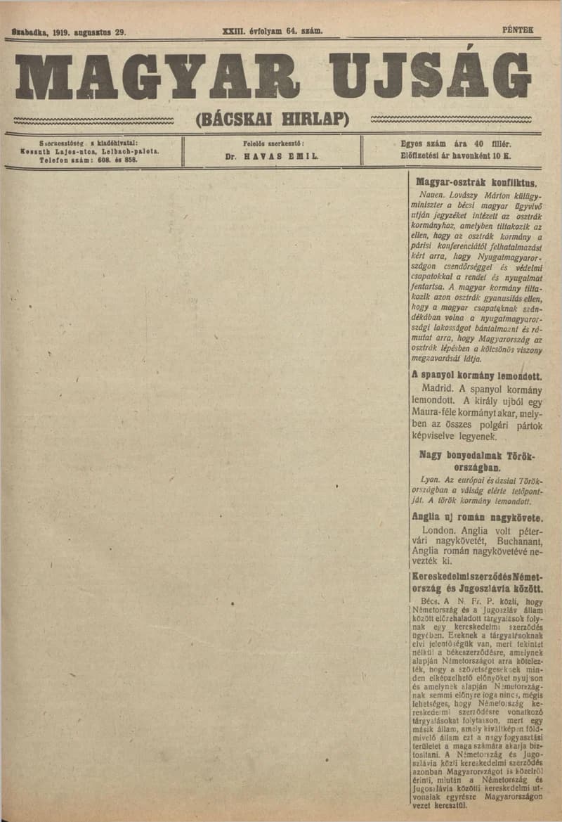 Bácskai Hirlap, 23. évf. 1919. augusztus 29. 64. sz.