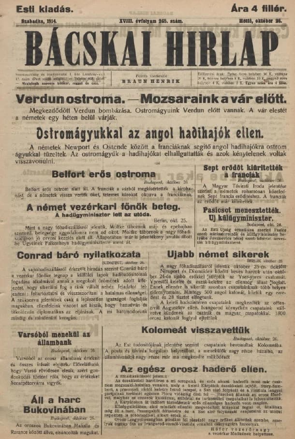Bácskai Hirlap, 18. évf. 1914. október 26. 265. sz.