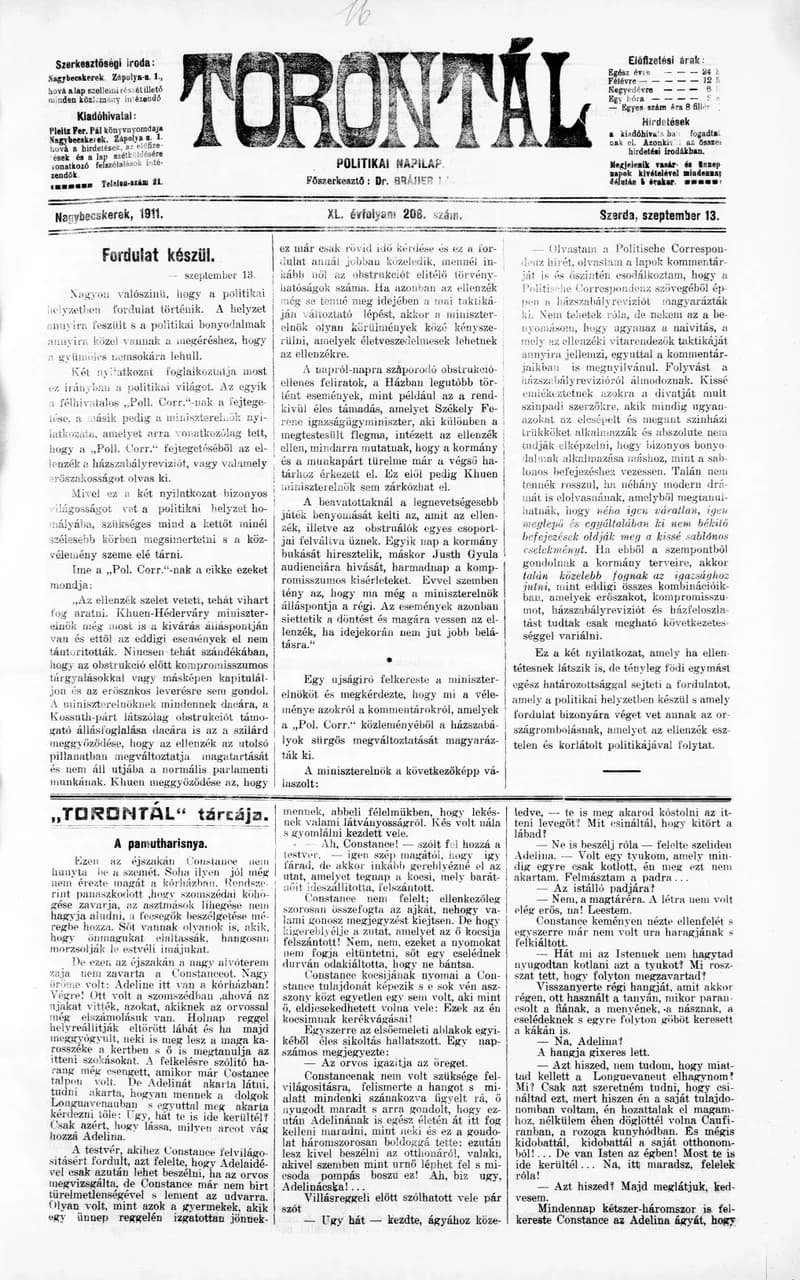 Torontál, 40. évf. 1911. szeptember 13. 208. sz.