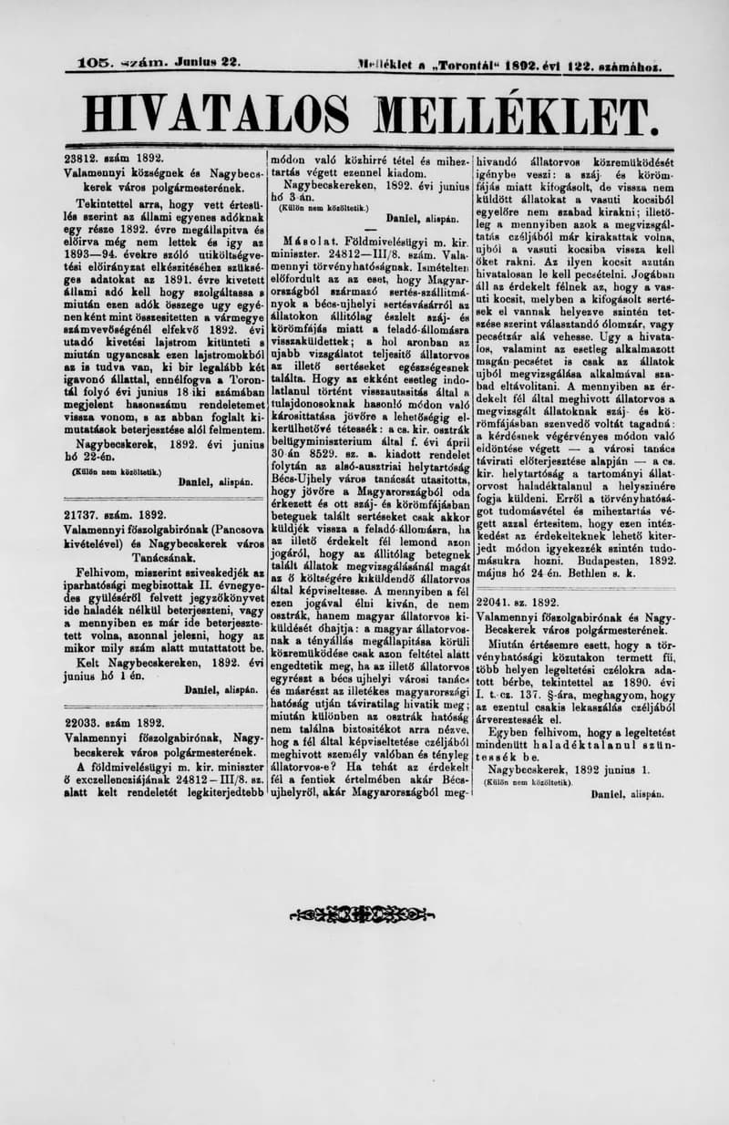 A Totontál  hivatalos melléklete, 5. évf. 1892. június 22. 105. sz.