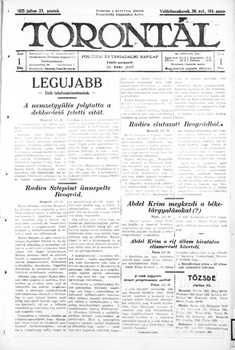 Torontál, 54. évf. 1925. január 24. 164. sz.