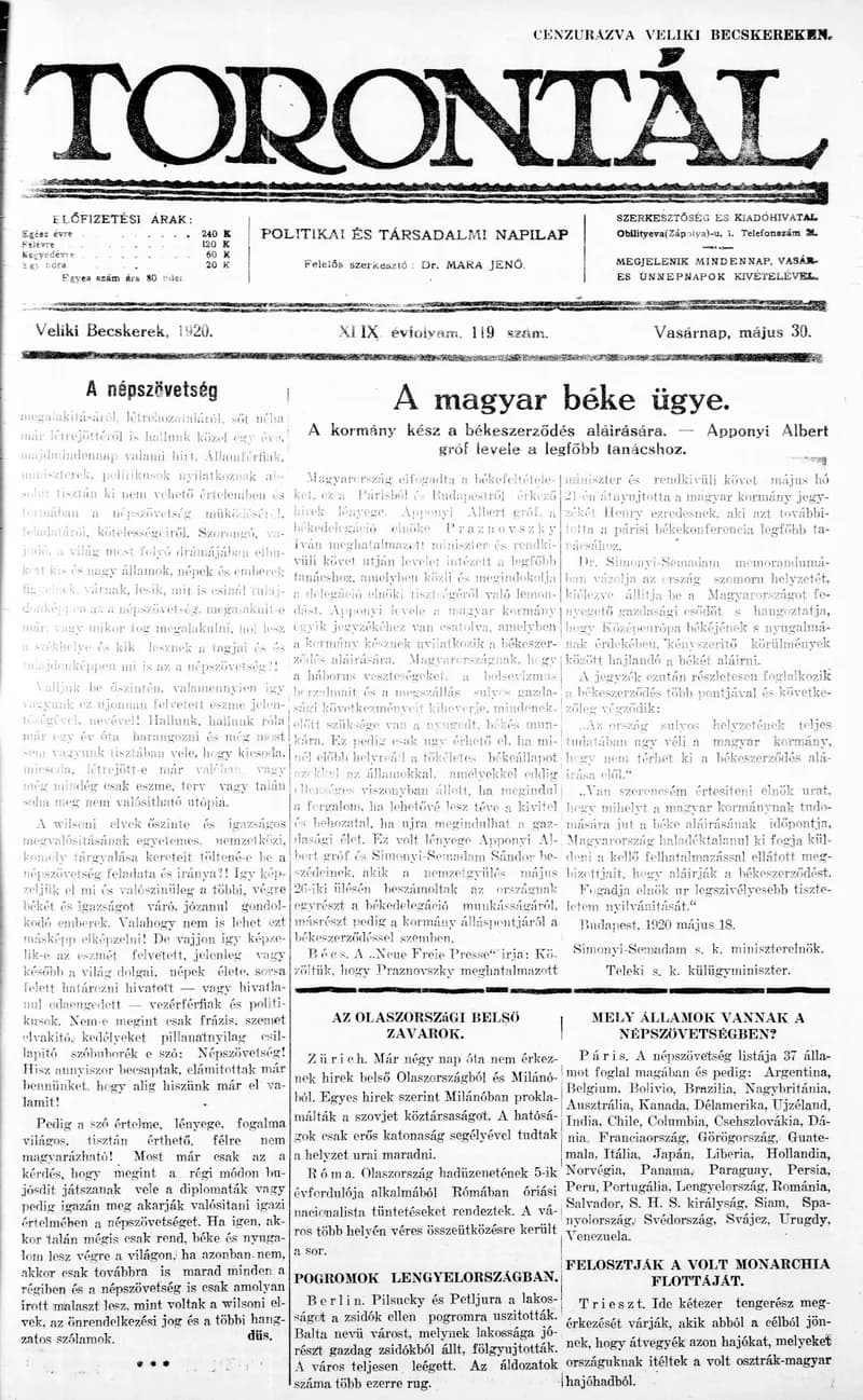 Torontál, 49. évf. 1920. május 30. 119. sz.