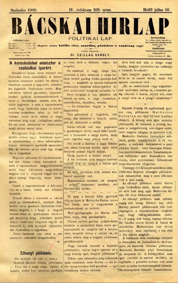 Bácskai Hirlap, 4. évf. 1900. július 16. 105. sz.