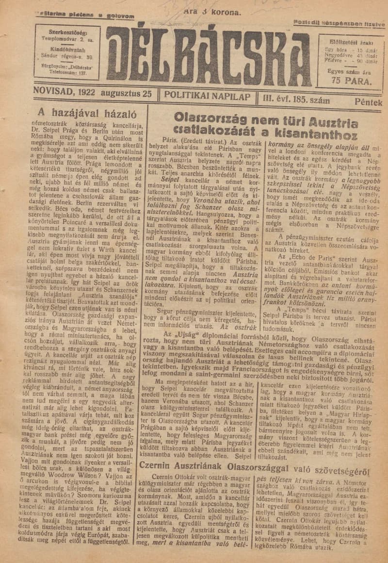 Délbácska, 3. évf. 1922. augusztus 25. 185. sz.