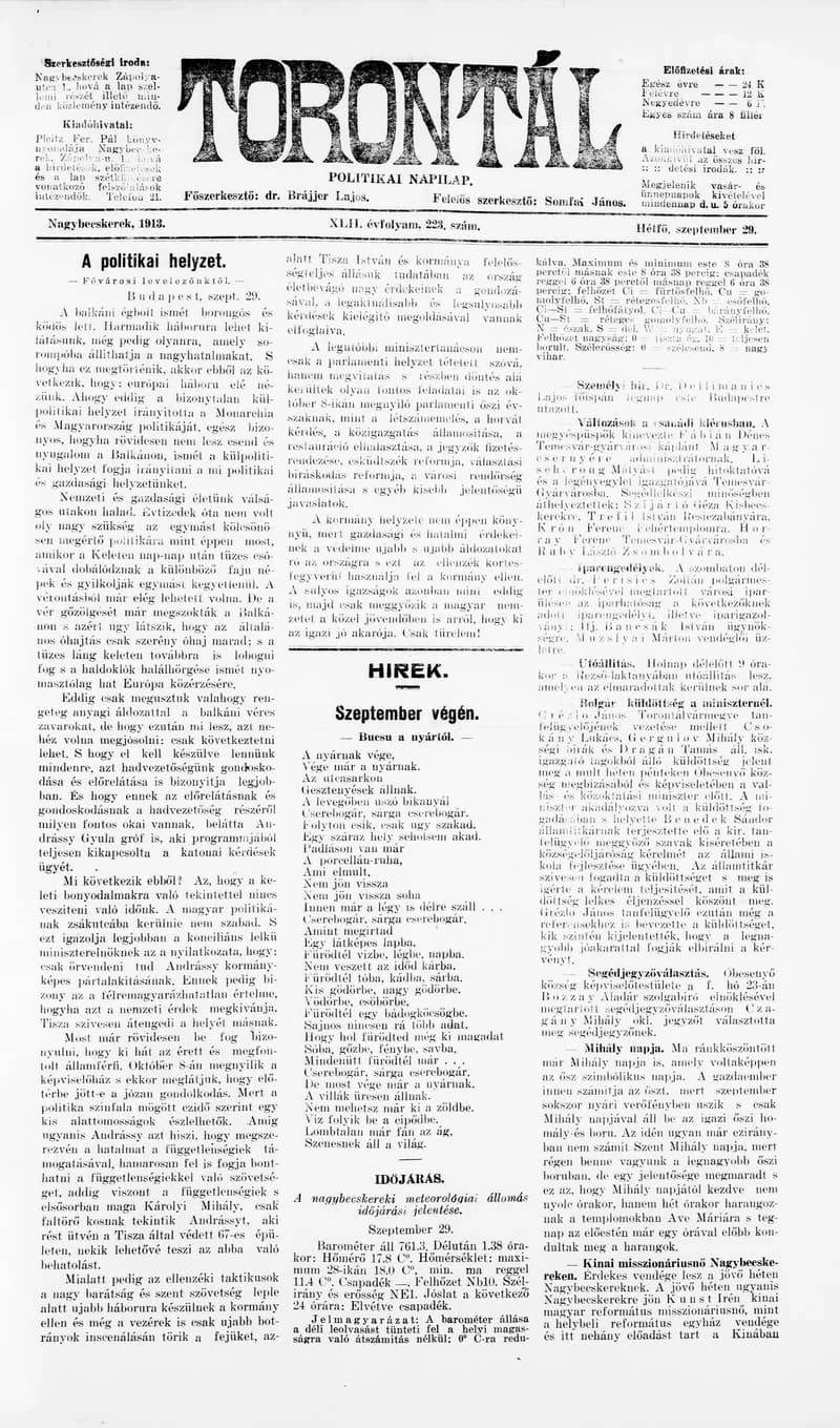 Torontál, 42. évf. 1913. szeptember 29. 223. sz.