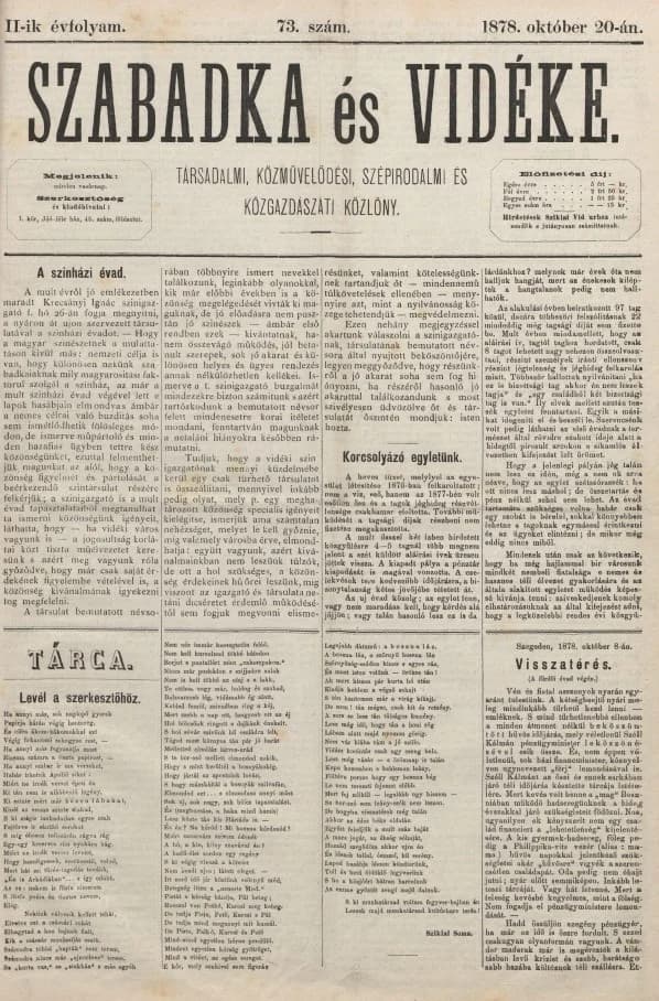 Szabadka és vidéke, 2. évf. 1878. október 20. 73. sz.