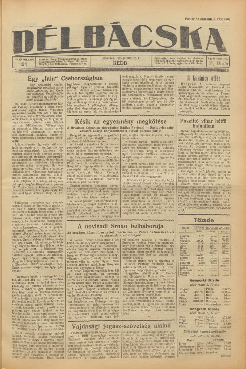 Délbácska, 6. évf. 1925. július 7. 154. sz.