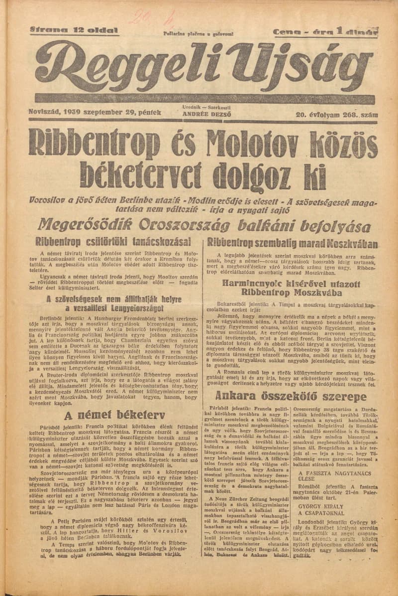 Reggeli Újság, 20. évf. 1939. szeptember 29. 268. sz.