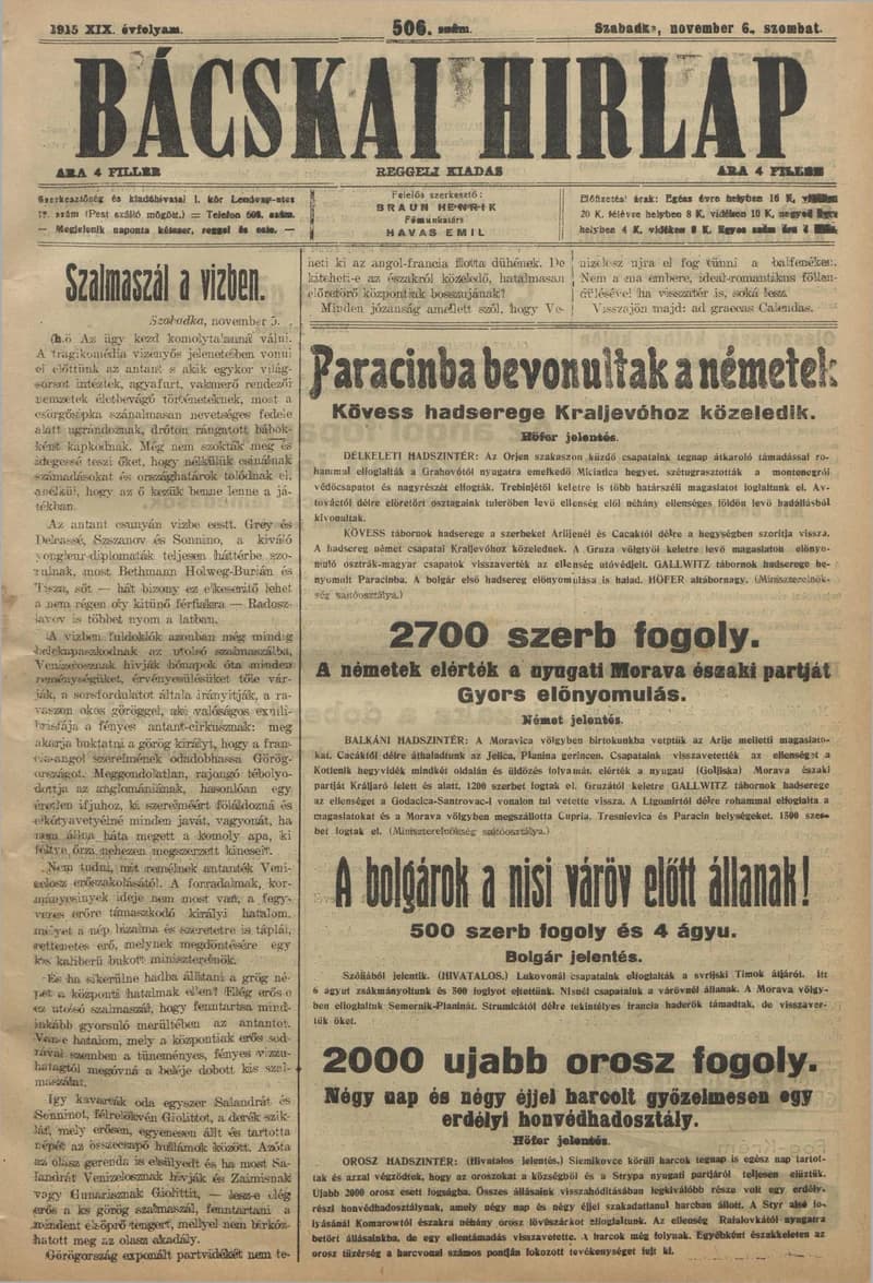 Bácskai Hirlap, 19. évf. 1915. november 6. 506. sz.