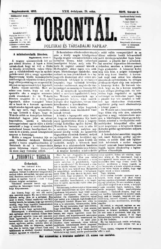 Torontál, 22. évf. 1893. február 6. 29. sz.