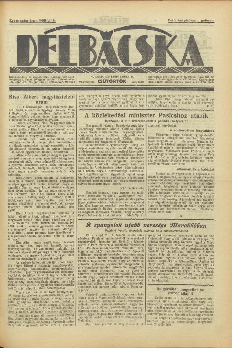Délbácska, 6. évf. 1925. szeptember 24. 221. sz.
