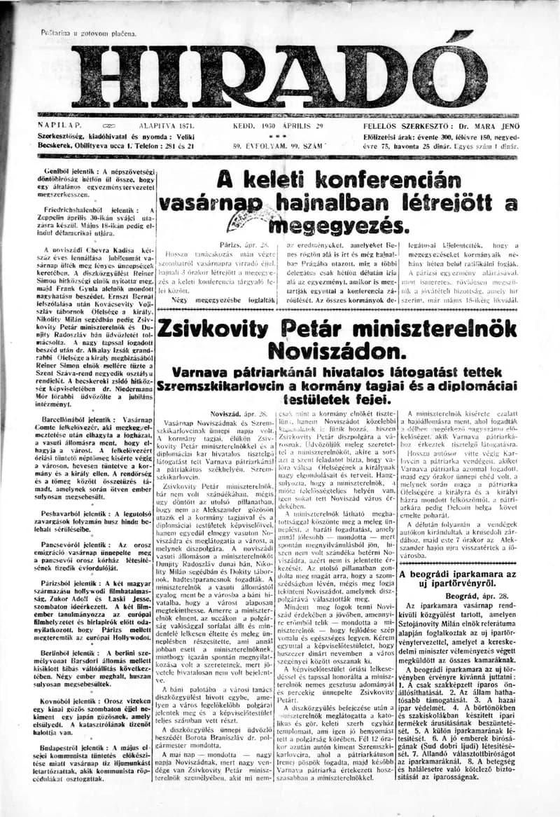 Híradó, 59. évf. 1930. április 29. 99. sz.