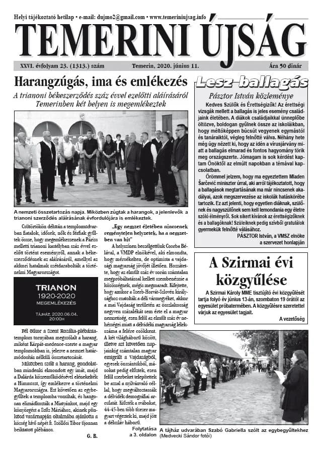Temerini Újság, 26. évf. 2020. június 11. 23. sz.