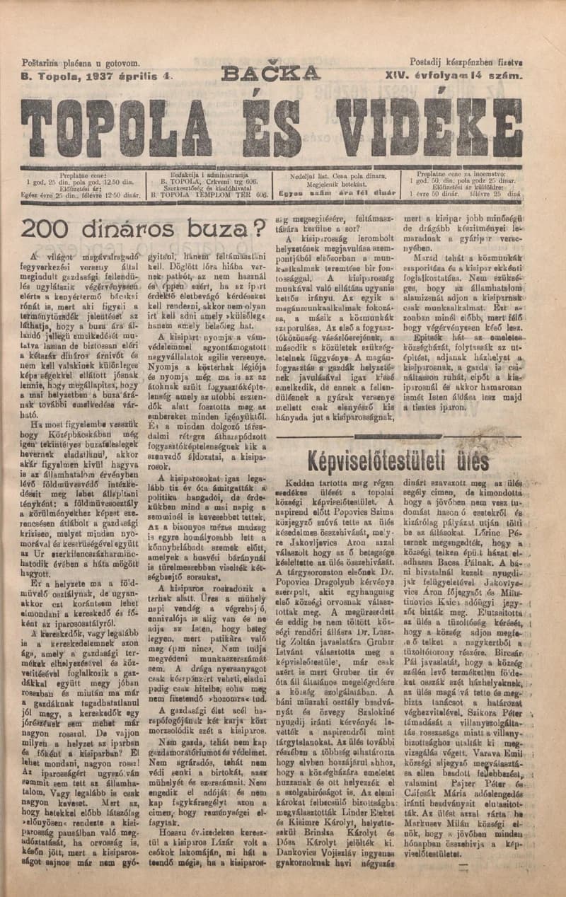 Bačka Topola és Vidéke, 14. évf. 1937. április 4. 14. sz.