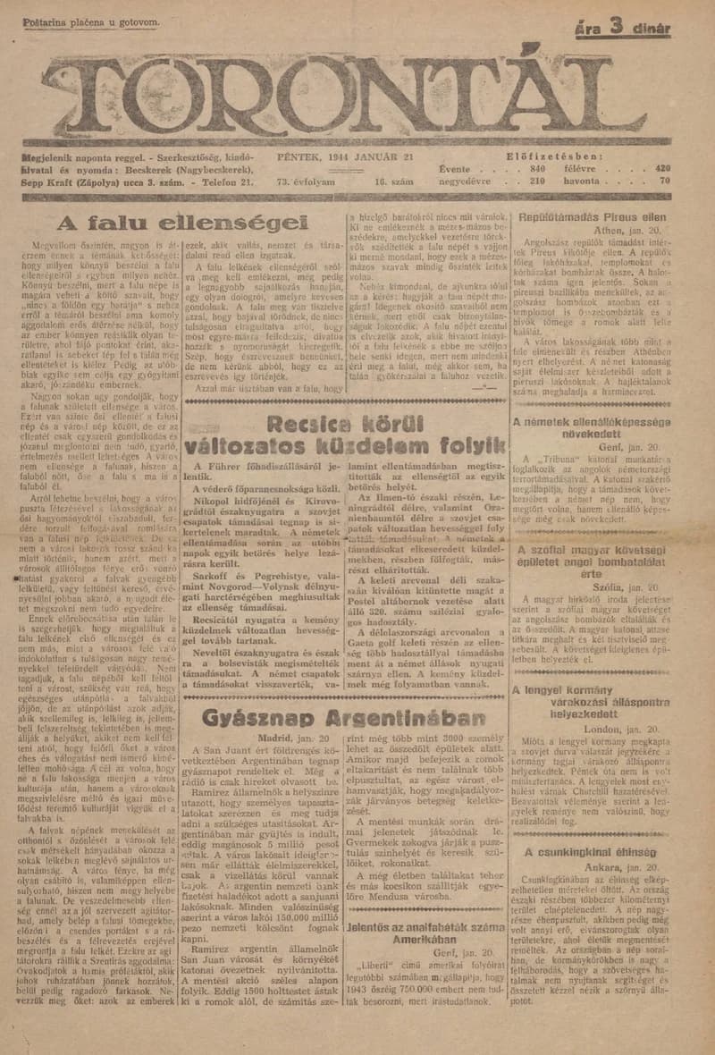 Torontál, 73. évf. 1944. január 21. 16. sz.
