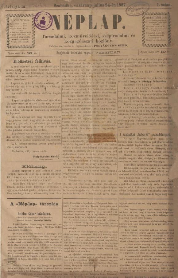 Néplap, 1. évf. 1887. július 24. 1. sz.