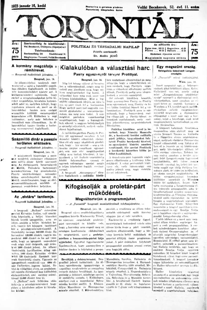 Torontál 1923. január 16. 11. sz.