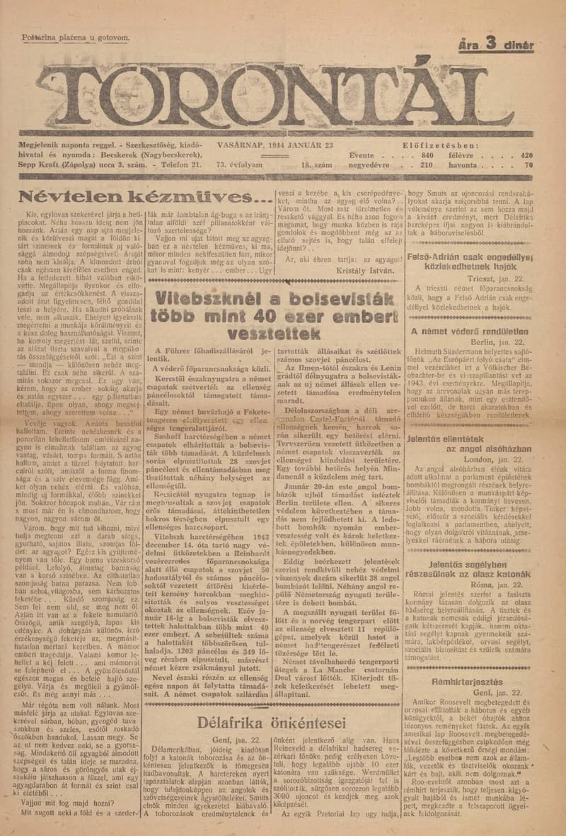 Torontál, 73. évf. 1944. január 23. 18. sz.