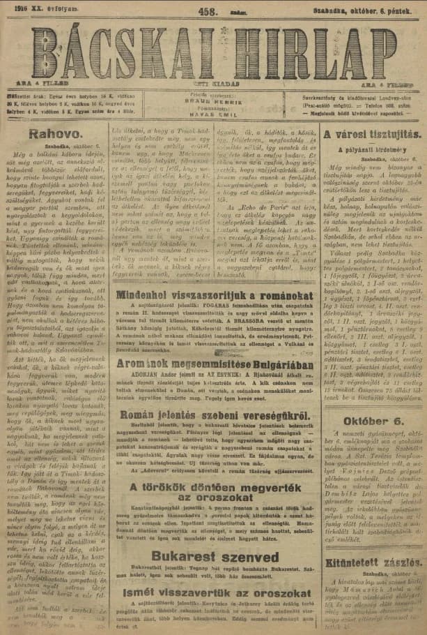 Bácskai Hirlap, 20. évf. 1916. október 6. 458. sz.