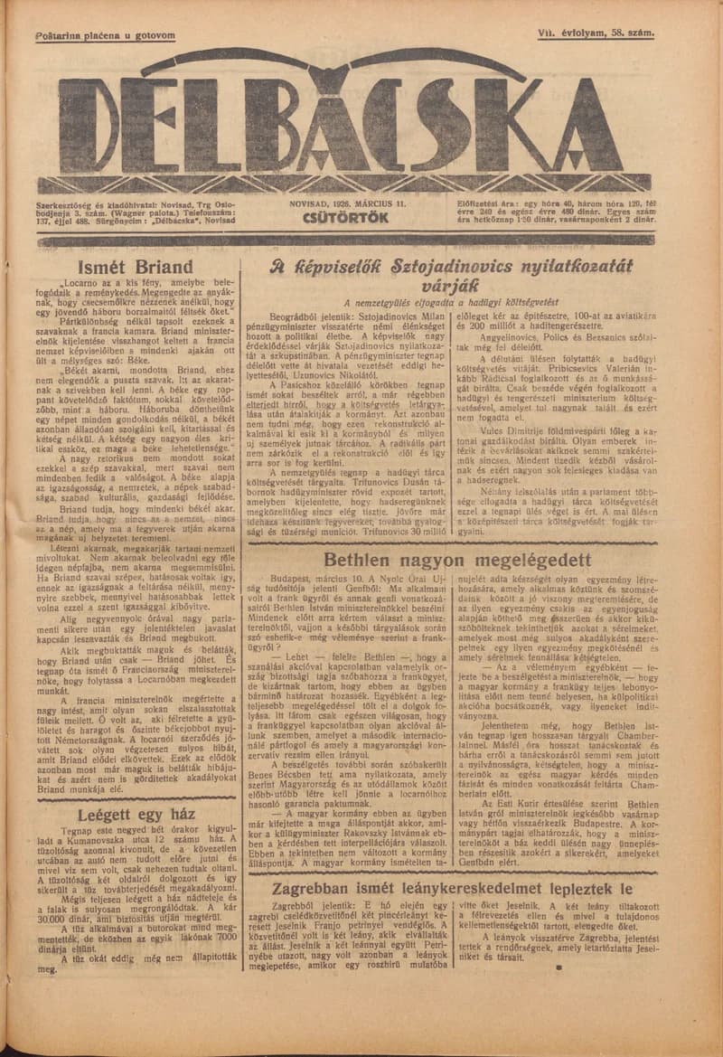Délbácska, 7. évf. 1926. március 11. 58. sz.